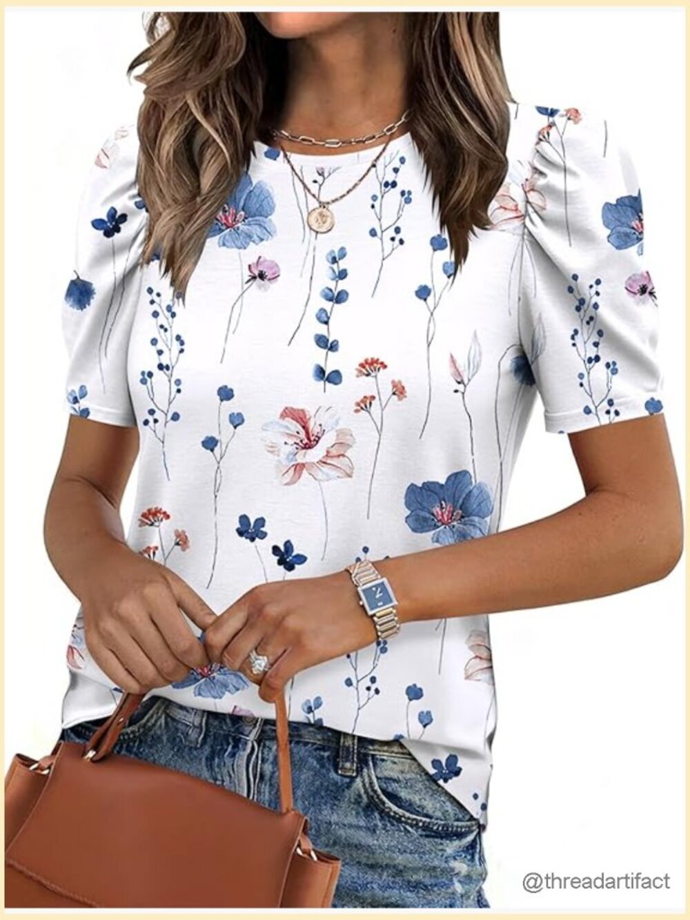 Dressy Casual Puff Short Sleeve Tunic Blouse Boho Floral Crew Neck Summer Shirt